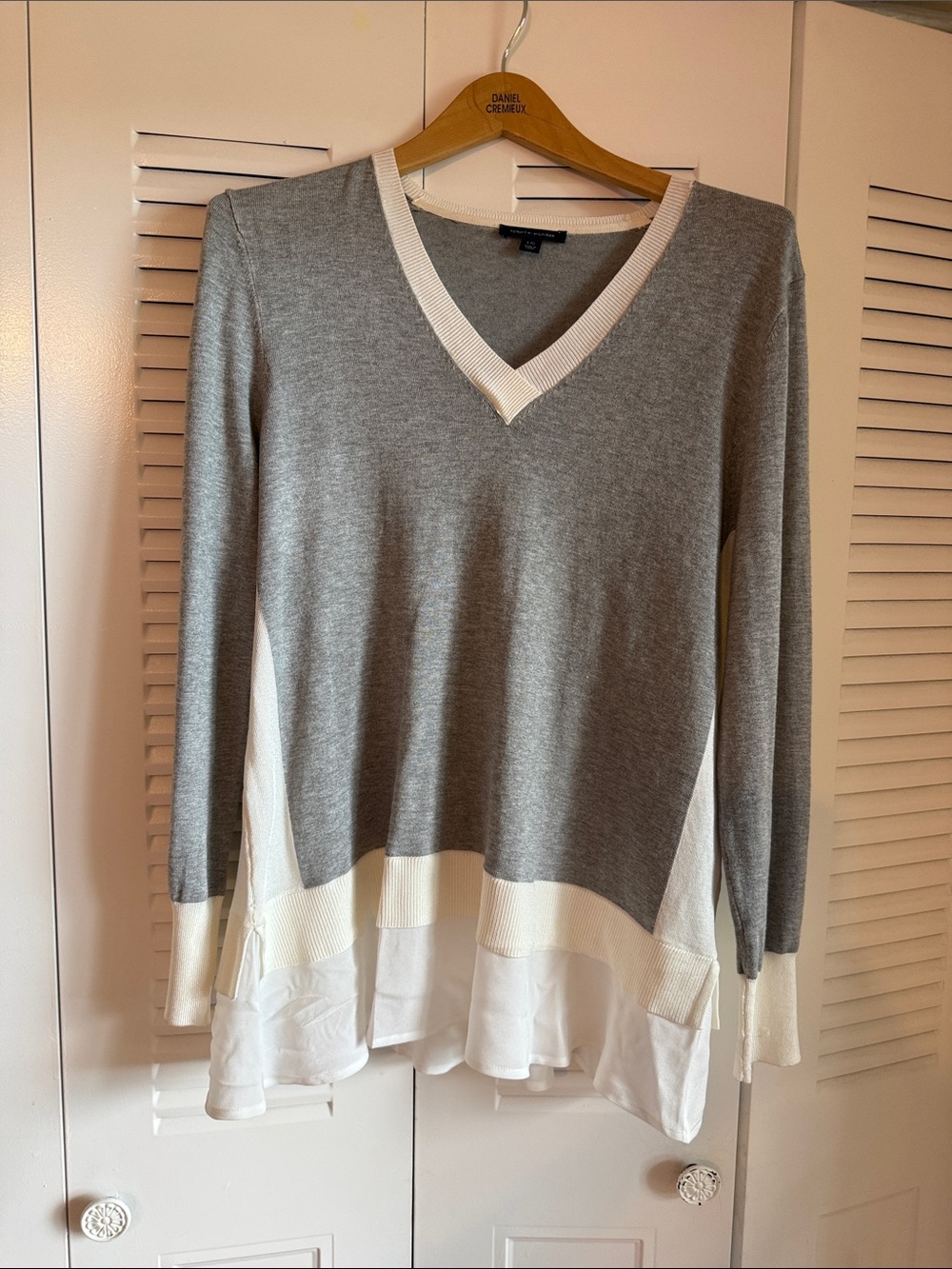 Tommy Hilfiger Gray V-Neck Sweater with White Trim